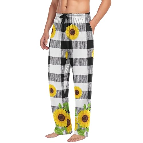 Black White Plaid Sunflower Lightweight Stretch Men Pajama Pants, Mens Lounge Pants with Pockets S4
