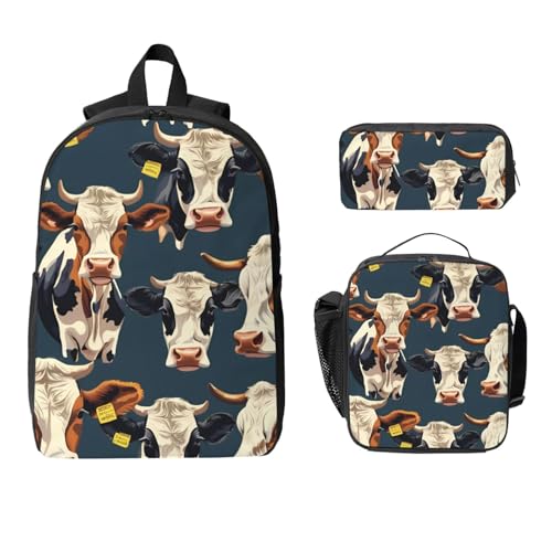 cow print Backpack Bookbag for Daily Use,3 Pcs Backpack Set with Lunch Box and Pencil Case2