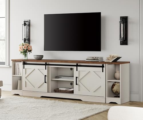 Image of WAMPAT Farmhouse TV Stand for 85-95 inch TV with Distressed Wood Finish
