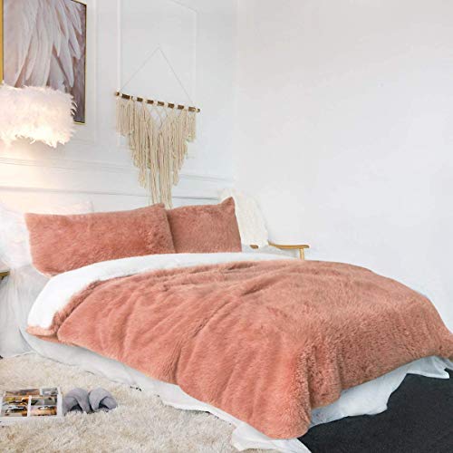 Sleepwish Luxury Plush Shaggy Bedding - 3 Pieces - 1 Faux Fur Duvet Cover and 2 Pillow Sham - Long Shaggy Hair, Sherpa Fleece, Reversible Comforter Cover Set - Pale Mauve -Full