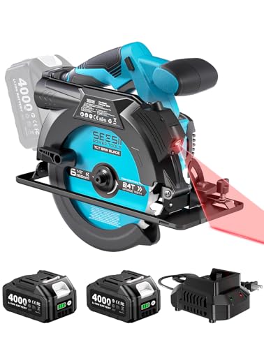 Seesii 6-1/2' Cordless Circular Saw with Laser, 5200 RPM Electric Compact Saw with 2x 4.0Ah Batteries and Charger, Lightweight and Power Design for Wood Cutting, DIY Framing & Home Renovation