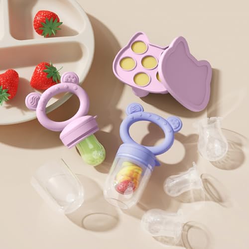 Image of Baby Breastmilk Popsicle Molds & Baby Fruit Feeder (4 Pack), Infant Food Freezer Tray Storage Containers, Silicone Teething Pacifier Feeder and Teether for Babies,Boys and Girls-Pink&Purple