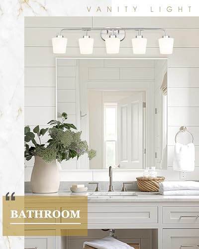 Image of Bathroom Light Fixtures Over Mirror, 5-Light Brushed Nickel Vanity Lighting Fixtures with Milk White Glass, 38inch Farmhouse Wall Sconces Lighting, AD-22004-5W-SN