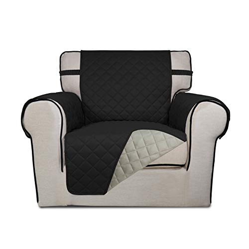 Image of PureFit Reversible Quilted Sofa Cover, Water Resistant Slipcover Furniture Protector, Washable Couch Cover with Non Slip and Elastic Straps for Kids, Dogs, Pets (Chair, Black /Beige)