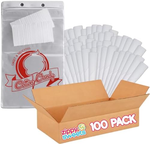 ZippySweets - 100 Pack Cotton Candy Cones & 100 Pack Cotton Candy Bags with Twist Ties, Triple Wrapped Handle, Cotton Candy Bags with Printed Design - Perfect for Cotton Candy Machine and Cotton Candy Creations