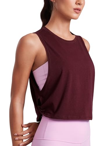 CRZ YOGA Pima Cotton Cropped Workout Tank Tops for Women - Sleeveless Sports Athletic Yoga Running Gym Crop Shirts Deep Armhole-Berry Heather Medium