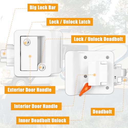 Image of RV Door Lock Replacement, 100% Metal Camper Door Handle Latch with Paddle Deadbolt, RV Enclosed Travel Trailer Entry Door Lock with Keys for Camper Horse Trailer Cargo Hauler - White
