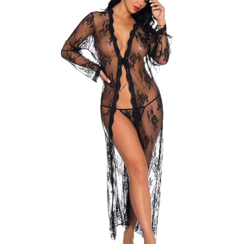 Robe de nuit en dentelle et maille légère, un kimono transparent ajustable qui affine la silhouette