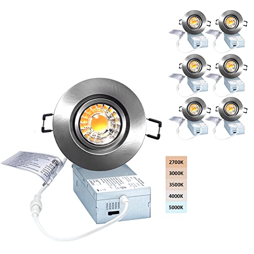 Image of POPANU Premium Canless Recessed Gimbal Downlight Rotatable-Spotlight 5 CCT Eyeball Ceilling Potlight, Dimmable Lights Fixture with Junction Box, 8W CCT Adjustable (Brushed Nickel, 3 Inch)