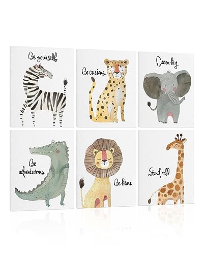 Image of HLJ ART Safari Animal Poster Set: Inspirational Quotes Kids Wall Art, 6 Framed Polyester Panels for Nursery Decor
