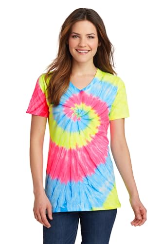 Port & Co Women's Tie-Dye V-Neck Tee-LPC147V-XS-Neon Rainbow at