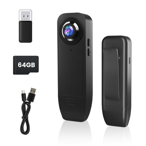 【Bodycam con Scheda di Memoria da 64 GB】 Questa bodycam senza WiFi è pronta all’uso grazie alla scheda di memoria ad alta velocità da 64 GB preinstallata. Non richiede app né connessione Internet. La mini body cam registra video Full HD 1080P in modalità loop, sovrascrivendo automaticamente i file più vecchi quando la memoria è piena.