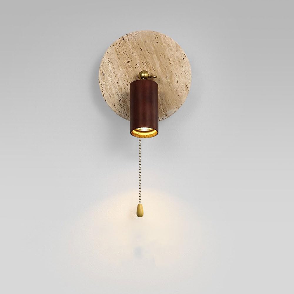 HUAYUSEDF Minimalist Natural Stone Wall Light Fixture with Rope Switch - 3000K Yellow Travertine Sconce for Bedroom, Solid Wood Lampshade, Art Decor Aent, Modern Spotlight (26cm)(20cm)