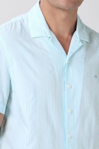 Image of Peter England Men's Casual Half Sleeve Resort Collar Shirt in 100% Cotton Seersucker with Striped Design