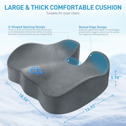 Image of BlissTrends Extra Thick Seat Cushion for Office Chair & Car Seat,LightGrey | Tailbone & Sciatica Relief, Ergonomic Support, High-Density Memory Foam, Comfort for Extended Sitting