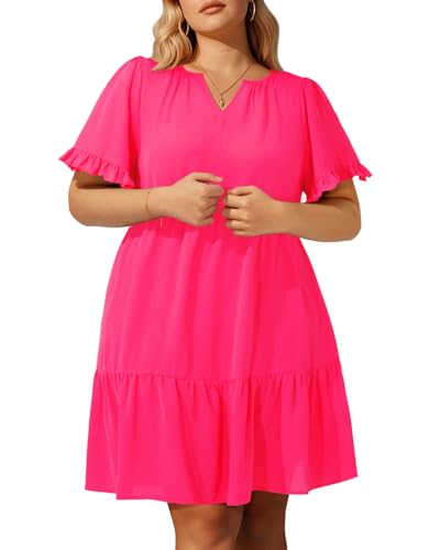 Pinup Fashion Plus Size Summer Dress - Casual Babydoll Tunic V Neck Short Ruffle Sleeve Tiered Dresses3