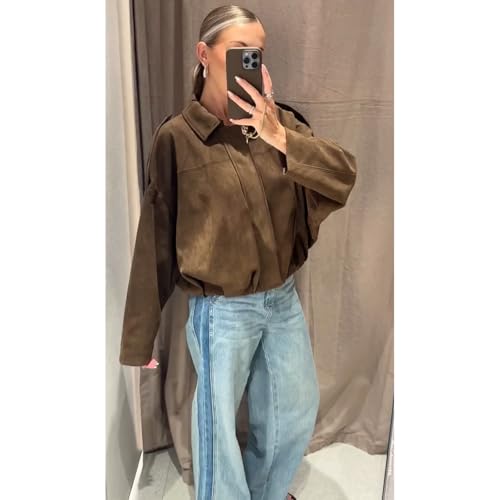 Women's Faux Suede Bomber Jacket Oversized Pilot Coats Fall Lapel Zip Up Motorcycle Streetwear Outerwear - Image 4