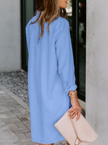 Image of Aoudery Womens Button Down Shirt Dresses with Pockets Cotton Button Up Tunics Long Sleeve Solid High Low Blouse Tops-Cyan Blue-L