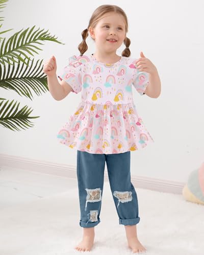 CARETOO Fall Outfits For Toddler Girls Pink Rainbow Shirt+Denim Jeans Baby Girl Clothing Set 3t 4t 3-4t - Thumbnail 4