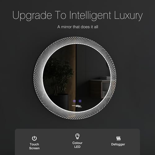 Image of Hindware Italian Collection Round LED Mirror | 780mm Frame Outer Diameter with 640mm Mirror Diameter | Touch Display | Defogger Feature Enabled | Color Changing Backlit LED Metal Frame