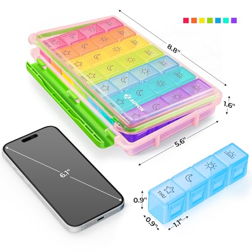 AUVON iMedassist Moisture-Proof Weekly Pill Organizer 4 Times a Day, Large 7 Day Pill Box Portable for Travel with Removable Individual Pill Containers to Hold Vitamins, Supplements and Medication
