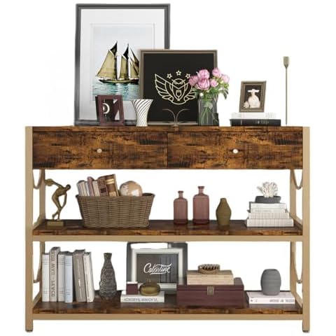 LinTimes Console Table with Drawers, Narrow Entryway Table with 3-Tier Storage Shelves, Sofa Table End Table for Living Room Hallway Foyer Kitchen, Rustic Brown Cover