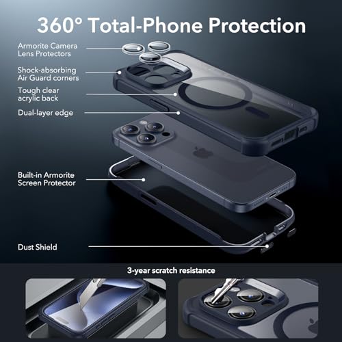 ESR for iPhone 15 Pro Max Case, Compatible with MagSafe, Full-Body Military-Grade Drop Proof Case for iPhone 15 Pro Max with Built-in 9H+ Tempered Glass Screen Protector, Clear Dark Blue by ESR - Image 2
