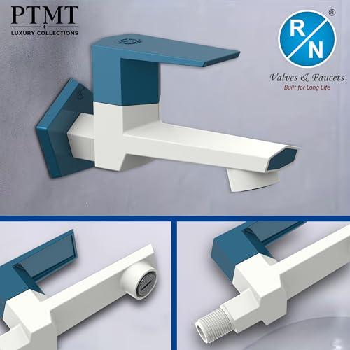 Image of RN PTMT Long Body Bib Cock for Bathroom | 15mm Long Body Foam Flow Water Tap with Flange | Luxury G20 Collection Faucet | High-Grade Engineering Polymer Tap (White Marine Blue Dual, Pack of 2)