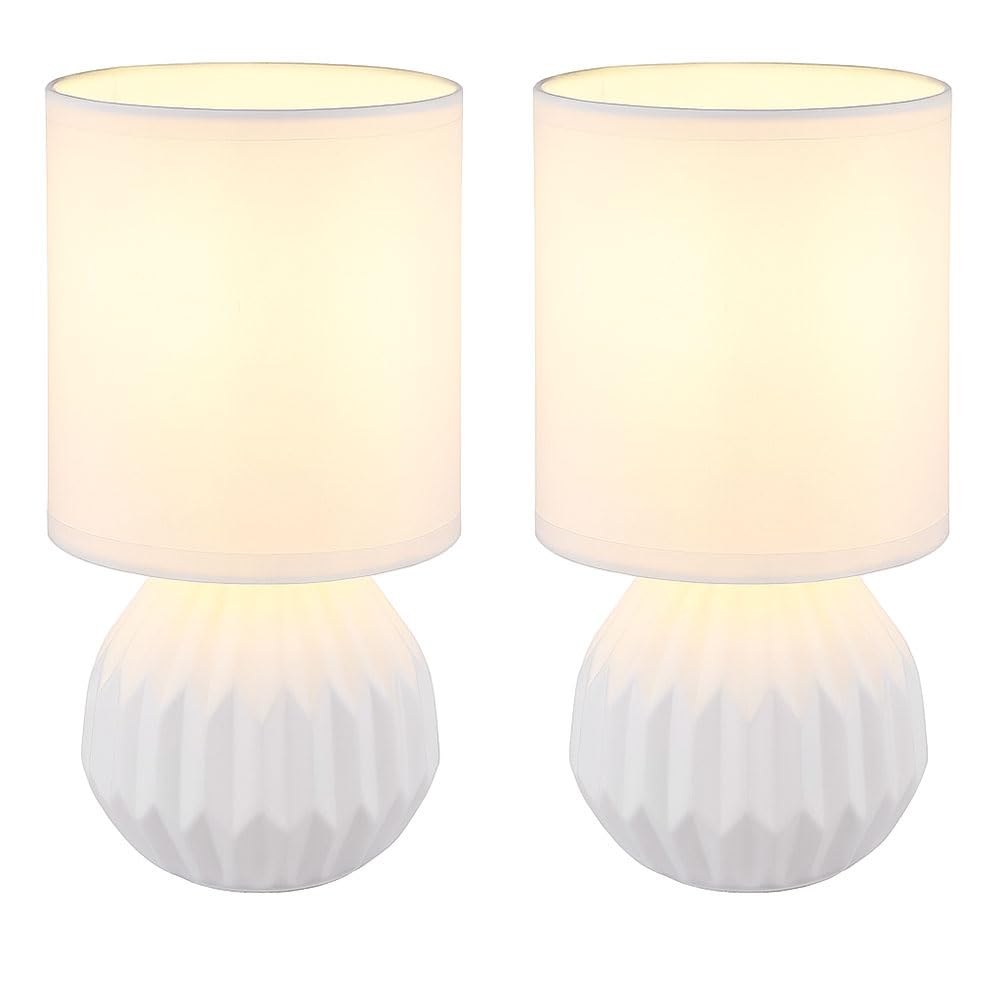 Tischlampe weiß Keramik Nachttischlampe Tischleuchte Beistelllampe Wohnzimmerlampe Textil, 1x E14, DxH 12 x 23 cm, 2er Set