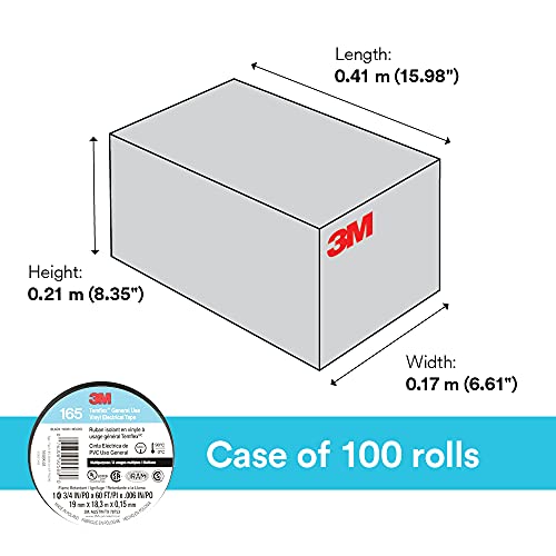 Image of 3M Temflex Vinyl Electrical Tape 165, Black, 3 /4 in x 60 ft (19 mm x 18 m), 6 mil, 100 Rolls /Case