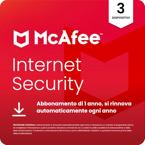 McAfee Internet Security 2024,3 Dispositivi, Software antivirus con Internet Security e protezione dati| PC/Mac/iOS/Android, Abbonamento di 1 anno,Codice di attivazione tramite e-mail