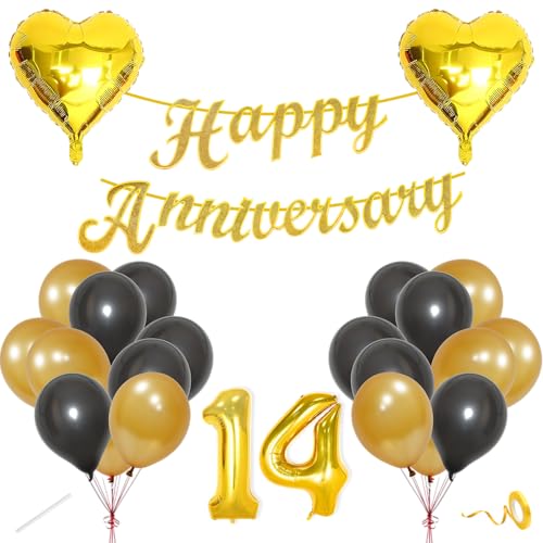 Image of Flyloons 14th Happy Anniversary Decoration Items Gold Black for Men Women Husband Wife Mom Dad Couple Home Bedroom Car With 20 Pcs Metallic Balloons Anniversary Banner 2 Pcs Heart Set Kit Golden