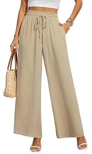 BEIGAI Wide Leg Trousers for Women Lounge Comfy Elastic High Waisted Drawstring Pants Ladies Summer Trousers with Pockets,Khaki,M