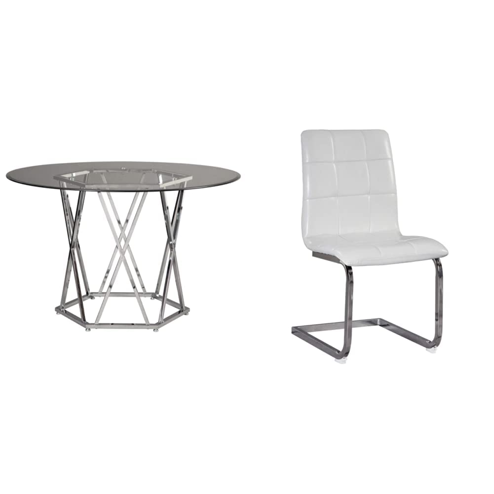 Signature Design by Ashley Madanere Round Contemporary Dining Room Table, Chrome Finish & Madanere Contemporary Faux Leather Upholstered Dining Chair, 4 Count, White