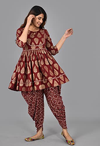 Image of H&N Women's Cotton Blend Casual Printed A-Line Kediya Kurti Top With Dhoti Set