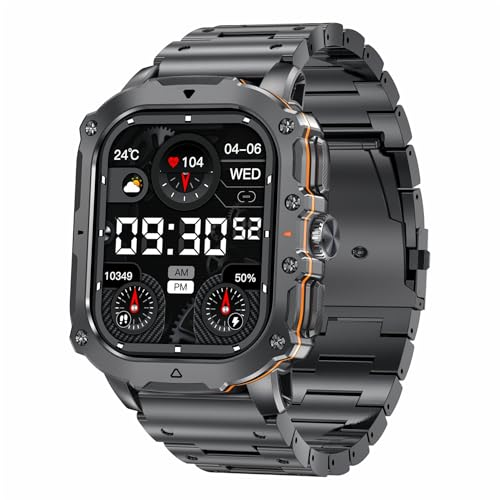 JUSUTEK 2025 ?力 アウトドアスマートウォッチ通話機能付き ,1.95インチAMOLED大画面,軍用規格強靭金属製腕時計,多種のセンサー機能,ボタン回転,smart watch,123+運動モード,IP68防水,音楽再生,リモコン写真,女性機能