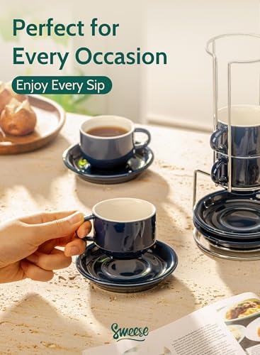 Image of Sweese 2.5 Ounce Porcelain Stackable Espresso Cups with Saucers and Metal Stand Set of 4, Navy