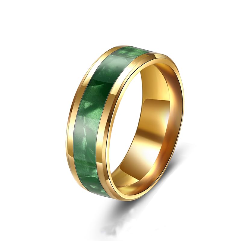 PLOUTOS Gold Tone Titanium Steel Band Ring Green Malachite Inlay Comfort Fit Unisex Minimalist Statement Fashion Jewelry Accessory Daily Wear Gift