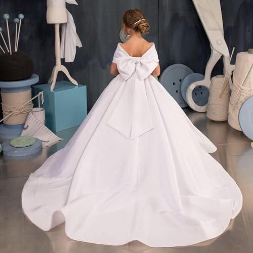 White Off Shoulder Satin Flower Girl Dresses for Weddings First Communion Dress Pageant Gown KT2802