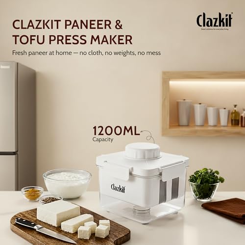 Image of Clazkit Tofu Maker Press with Drain Tray | Homemade Paneer, Yogurt & Tofu Making Mold |Tofu Press Container | Easy DIY Soy Paneer Cheese Maker for Kitchen | Reusable & Easy to Clean |1200ml