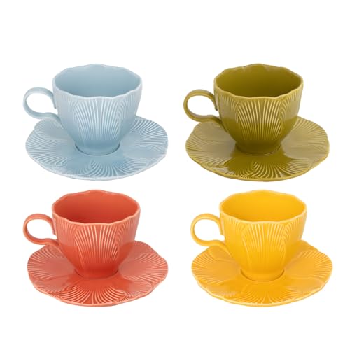 Image of Teacup & Saucer Set of 4 Colourful Ceramic Teacups with Matching Petal-Shaped Saucers – Textured Leaf Design in Blue, Green, Red & Yellow Pastels – Tea Cup Set for Home Afternoon Tea Gift Mugs