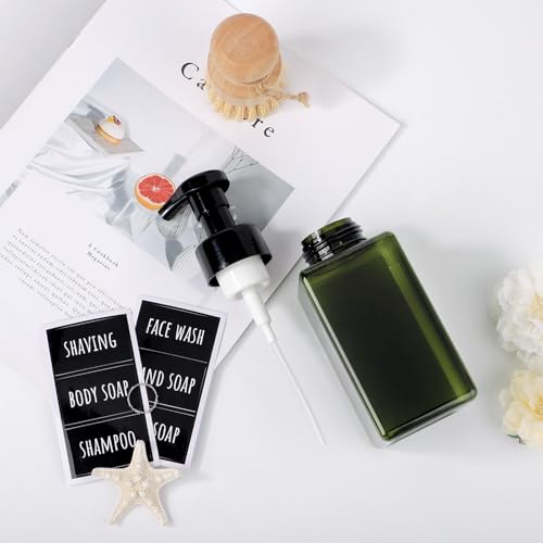 Image of Segbeauty 15.2oz Refillable Green Foaming Soap Dispenser for Bathroom with Labels, 2pcs Empty Foam Pump Bottle for Shampoo Face Wash Container, 450ml Plastic Square Liquid Hand Soap Dispensers Kitchen