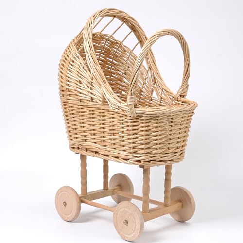 PebblePure Decorative Wicker Carriage-Shaped Basket for Baby Shower Centerpieces - Woven Rattan Flower Basket Vintage Willow Planter for Table Decor Boho Party Decoration & Photography Prop Large