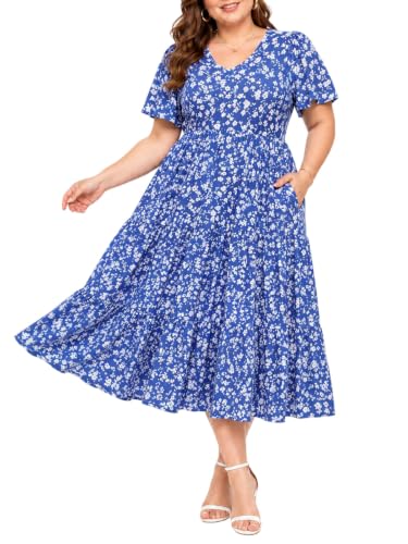 Image of Women's Plus Size Summer Dresses Floral Casual Tiered Midi Dresses V-Neck Short Sleeve Long Maxi Dress with Pockets