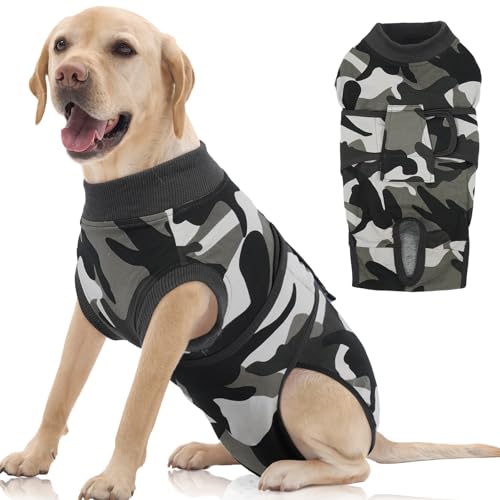 FUAMEY Dog Recovery Suit Male,Dogs Surgery Neuter Suits Puppy Spay Shirts for Female Protect Dog's Skin Anti Licking Abdominal Wounds Doggie Onesie Pet Bodysuit Alternative to Cone Grey Camo