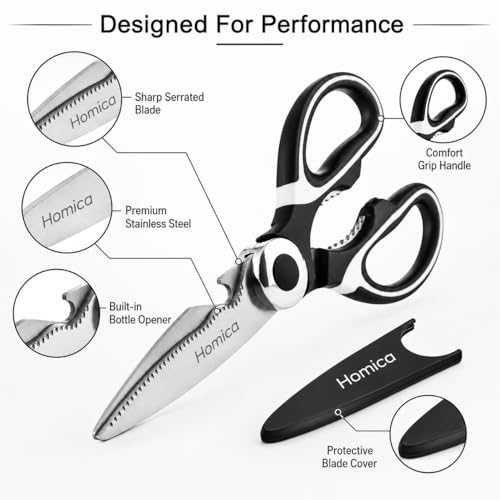 Image of Multi Purpose Heigh Quality Kitchen Scissors | Premium Stainless Steel Food Shears for Meat, Chicken, Fish, Seafood, Vegetables & Herbs | Heavy Duty Kitchen Shears with Bottle Opener | Black