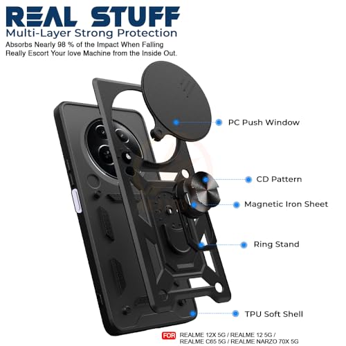Image of Armor Bumper Back Cover Case for Realme 12 / 12X / C65 / Narzo 70X 5G Rotating Camera Cover, Ring Holder & Kickstand | Heavy Duty & 360 Degree Protection Back Cover (Black)