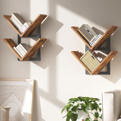 Double-Layer Wooden Tree-Shaped Wall-Mounted Bookshelf, Small Natural Wooden Bookshelf, Hanging Storage Organizer, Modern Home Decoration, Suitable for Living Room, Bedroom, Study, Office