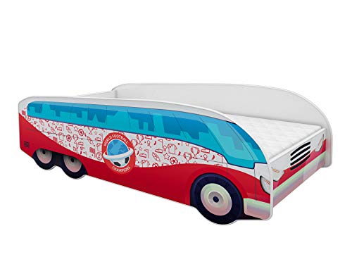 ACMA Lit pour enfant, camion, 140 x 70 cm, lit de voiture, pour enfants, sans matelas et sommier à lattes, lit de jeu, sans protection anti-chute, design 11 bus