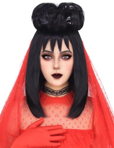 YUPEWG Lydia Deetz Wigs for Women Cosplay Black Wig With Bun Medium Length Straight Beetle Wig With Bangs with Wig Caps Cute Soft Wigs for Party Halloween
